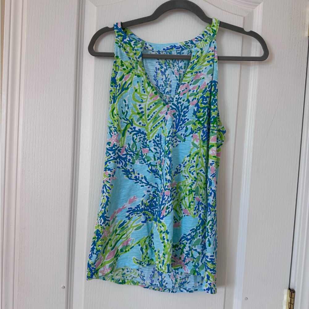 Lilly Pulitzer Arya Tank Top Blue Heaven Tropical Print Size Medium 100% Cotton